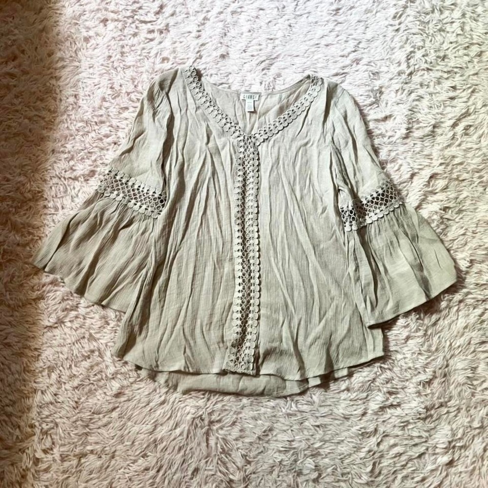 Peasant Prairie REN Faire Earthy Boho Bell Sleeve Blouse Womens M Granola Forest
